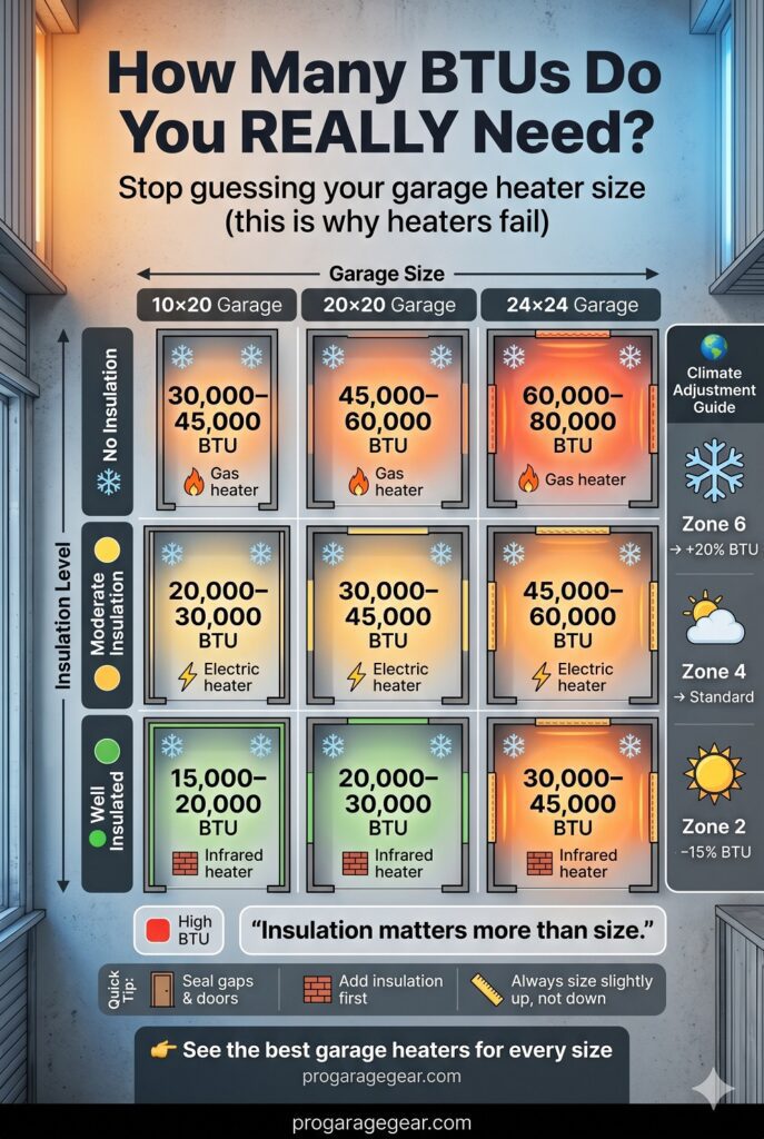 The Garage Heater BTU Sizing Visual A plan matrix with garage sizes (10×20, 20×20, 24×24) and insulation levels (none, moderate, well-insulated) in a 3×3 grid. Each cell shows the BTU range and recommended heater type. Add a "climate zone modifier" sidebar showing +20% for Zone 6, standard for Zone 4, -15% for Zone 2.