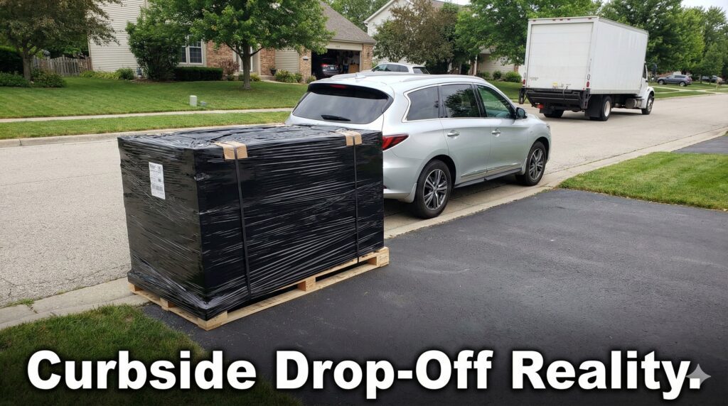 A massive wooden pallet (8 feet long, 4 feet wide) wrapped in black plastic is sitting at the curb
