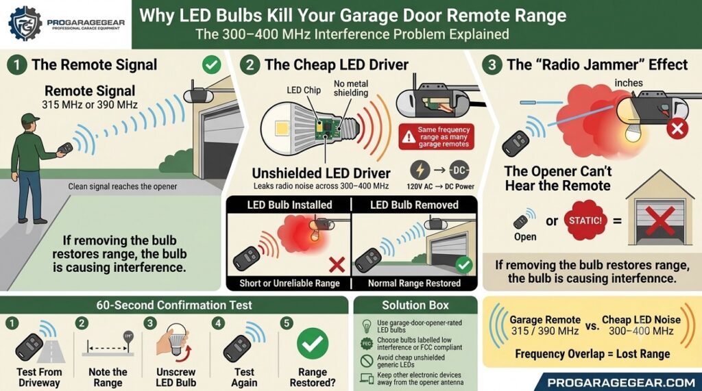 why led bulbs kill your garage door remote range infographics