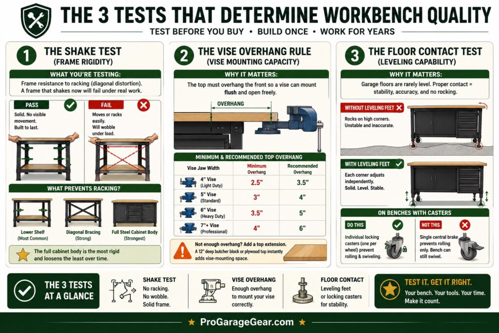 best garage workbenches - the three test that determes the quallity of worbench infographics