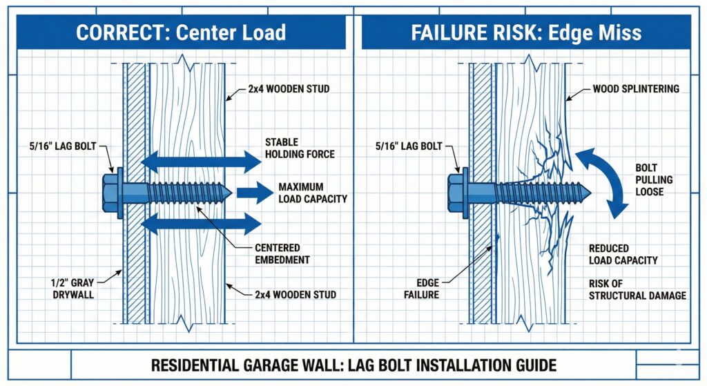 Technical diagram showing the correct way a lag bolt centers into a wood stud versus an incorrect edge mount that causes failure.
