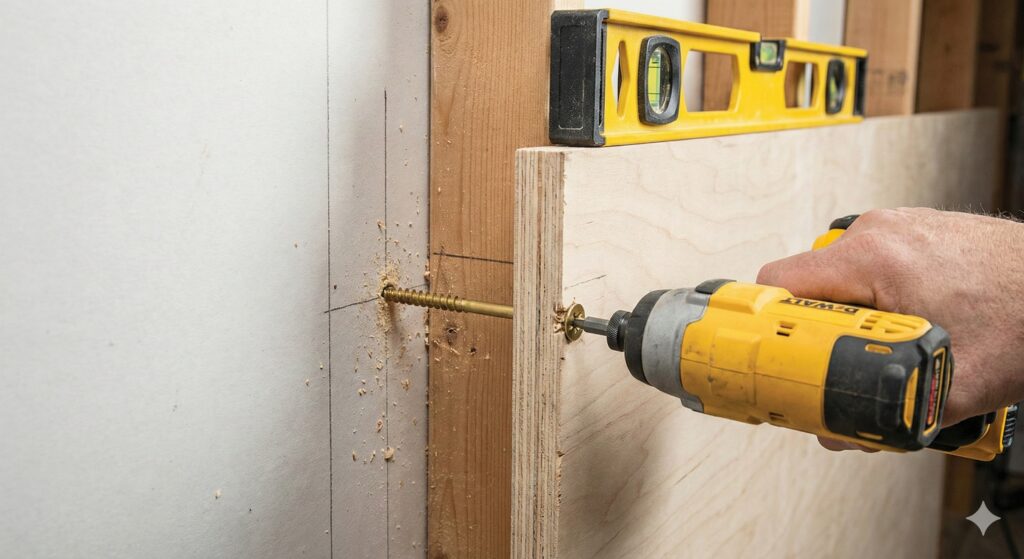 Installing a 3/4 inch plywood backer board onto garage studs using structural screws and an impact driver