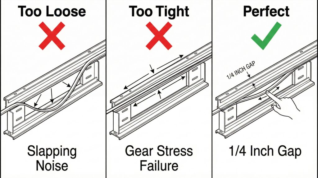 Technical diagram of a garage door opener rail and belt. Three panels.