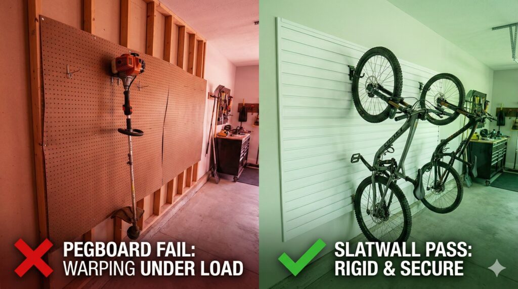 Wide shot of a garage wall system holding heavy gear.