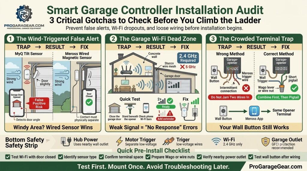 smart garage controller installation audit check infographics