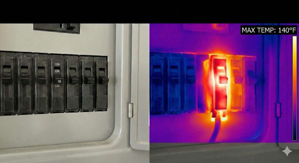 Figure 1: Thermal analysis of a 15-Amp breaker under continuous load. Note the 140°F heat signature indicating imminent trip.