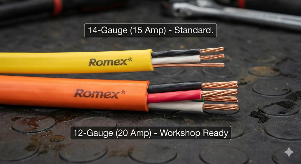 Garage electrical wiring guide - The "Color Code": Yellow wire (14-Gauge) is limited to 15 Amps. Orange wire (12-Gauge) is the 20-Amp workshop standard.