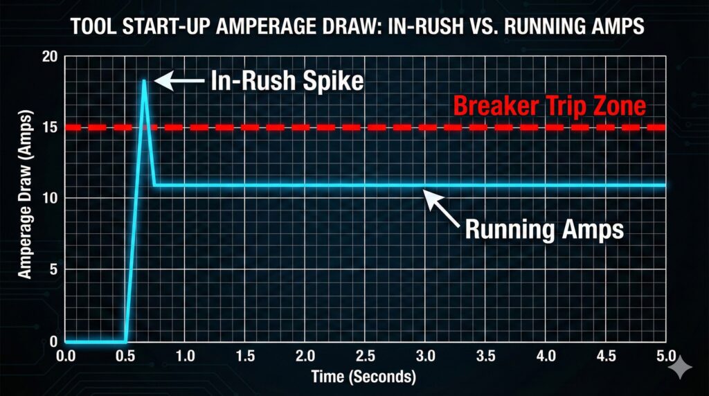 The "Nuisance Trip" Explained: The 18-Amp startup spike exceeds the breaker limit for milliseconds.