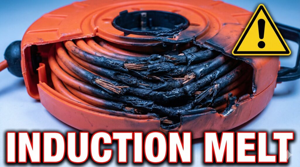 Physics of Failure: Induction heat trapped inside a coiled extension cord melts the insulation from the inside out.