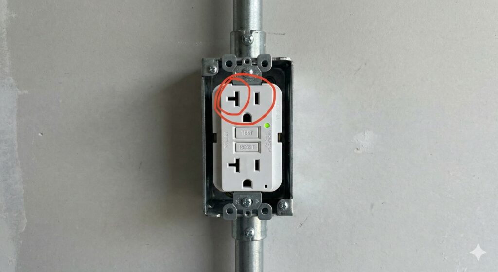 The Upgrade Target: A 20-Amp GFCI with the "T-Slot" face ensures your shop is ready for welders, heaters, and pressure washers.