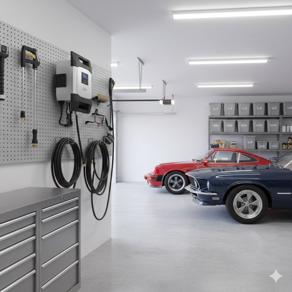 Wall Mounted Pressure Washer Setup with Hose Reel