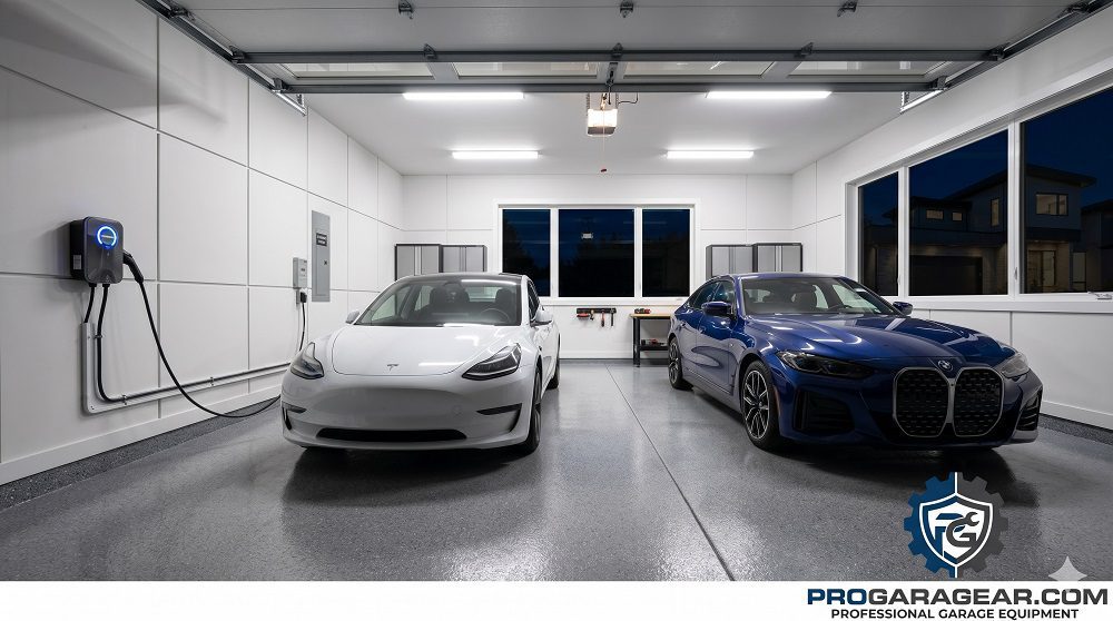 wide-angle editorial photograph of a moderntwo-car garage at night. The left bay contains a sleek whiteTesla Model 3 with a Level 2 EV charger (ChargePoint Home Flexstyle, wall-mounted, glowing blue LED) attached to the driver'sside charge port. The garage has a polished grey epoxy floor,clean white walls, and bright LED shop lighting overhead