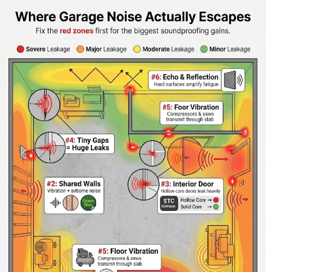 Garage Sound Leakage Map - where garage noise actually escapes