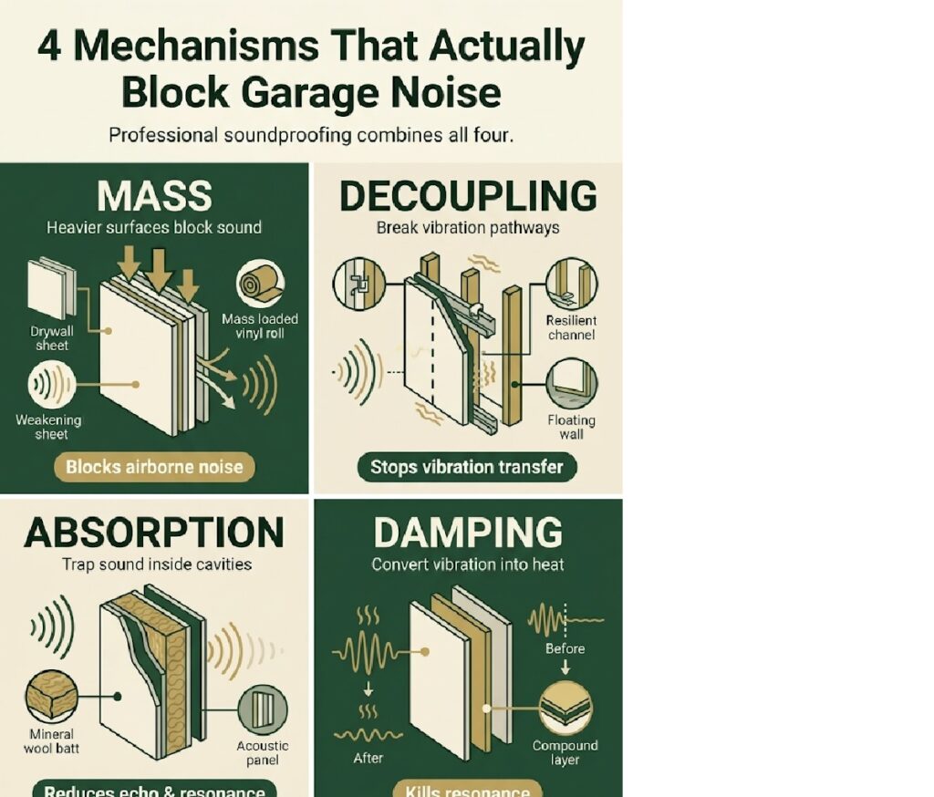 How to soundproof a garage workshop - The 4 Mechanisms of Soundproofing