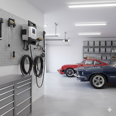 Wall Mounted Pressure Washer Setup with Hose Reel