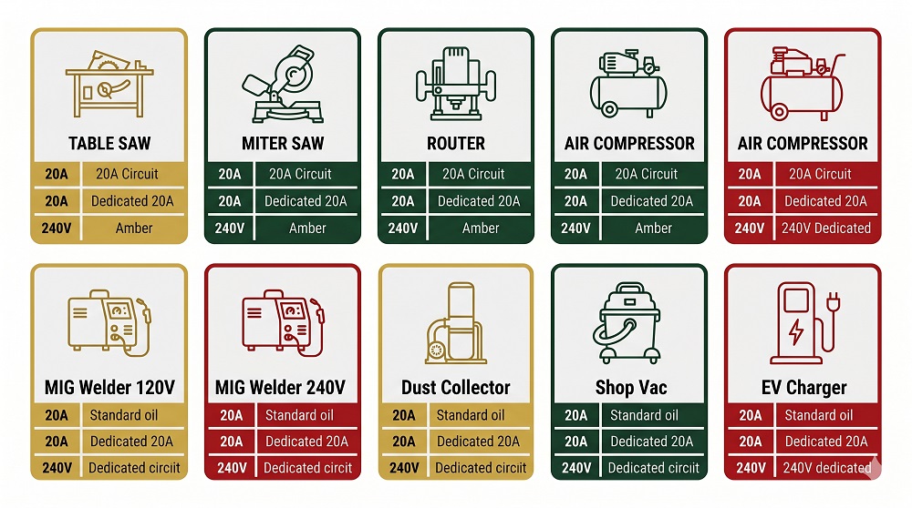Workshop Tool Electrical Requirements Quick Reference