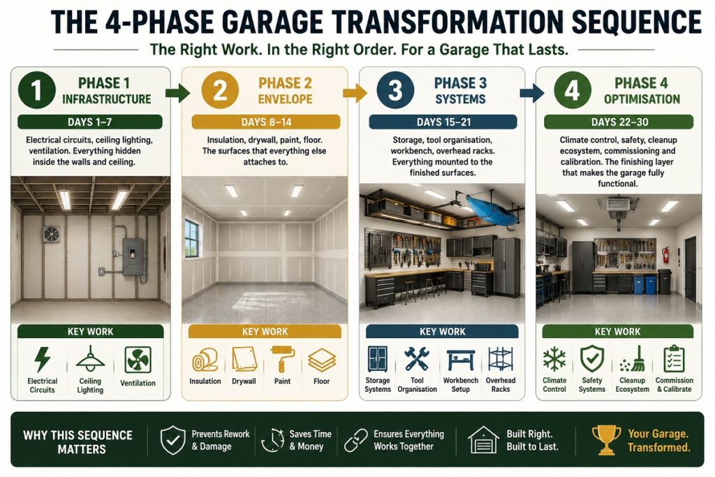 four phases of  garage transgormation - diy garage makeover infographics