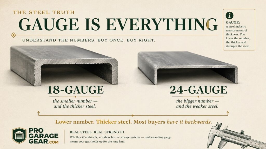 Editorial infographic comparing cross-sections of 18-gauge and 24-gauge steel, showing that the lower gauge number represents thicker, stronger metal — the opposite of what most buyers assume best garage cabinet systems