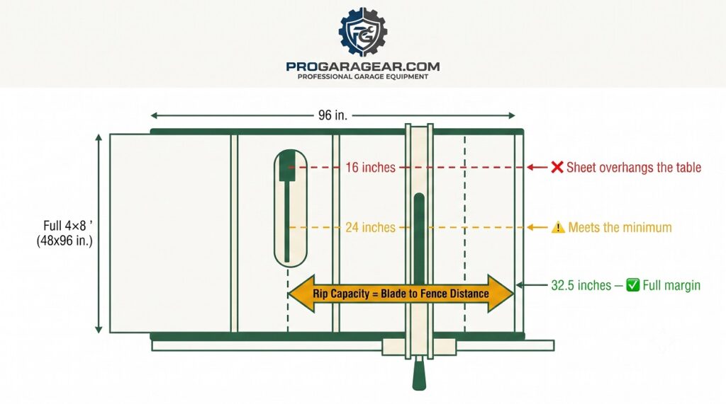 A top-down view of a 48"×96" plywood sheet laid on a saw table, blade positioned at centre-left, with three fence-position lines overlaid — one at 16" (fails, sheet hangs off the table edge, marked red/❌), one at 24" (succeeds with the sheet's cut line landing right at the fence, marked amber/⚠️ "meets minimum"), and one at 32.5" (succeeds with visible margin to spare, marked green/✅, labelled "DeWalt DWE7491RS"). A simple annotation calls out "Rip capacity = blade to fence distance" with an arrow.