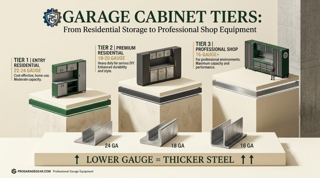 Editorial infographic illustrating three ascending tiers of garage cabinet systems — residential entry, residential premium, and professional/industrial — with representative steel gauge and brand examples for each tier