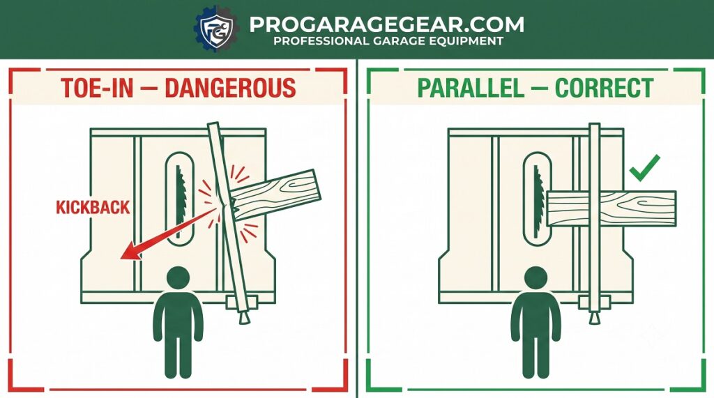 Two side-by-side top-down panels. Left panel labeled "❌ Toe-In (Dangerous)" shows a blade with a fence angled so the gap narrows from front to back, a board shown pinching between the blade and fence near the back with small motion lines/sparks indicating binding, and a kickback arrow shooting back toward a stick-figure operator position. Right panel labeled "✅ Parallel (Correct)" shows the same blade and fence perfectly parallel, even gap front-to-back, board passing through cleanly with a small checkmark.