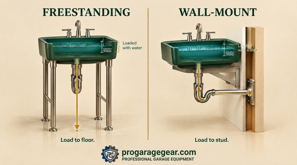 best garage utility sink - 3D editorial illustration of a sink P-trap cutaway showing the water seal that blocks sewer gas, with and without a vent pipe connected