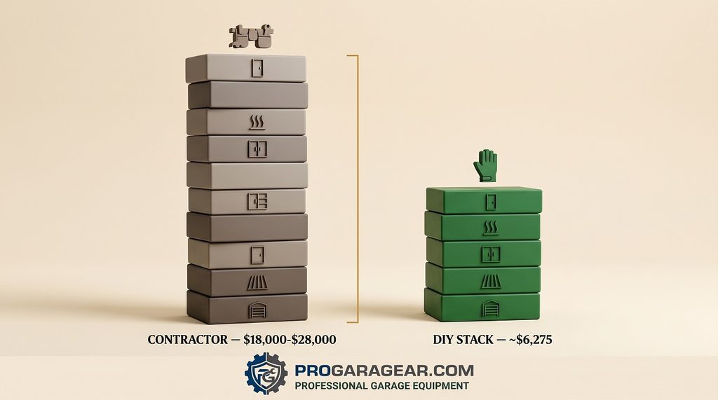 3D editorial illustration comparing a tall contractor-remodel cost tower against a much shorter DIY stack total tower for equivalent garage upgrade scope