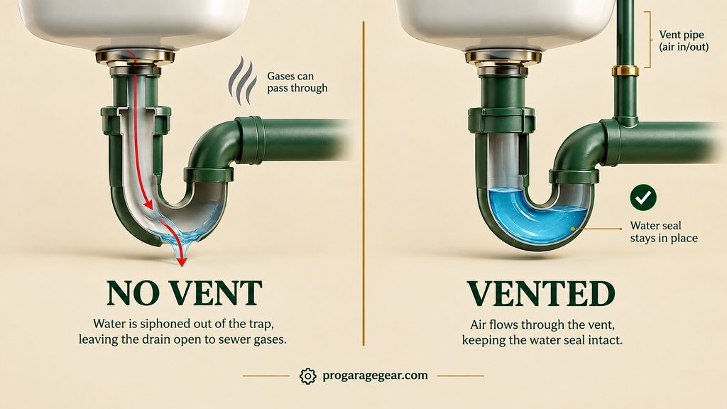 best garage utility sink - 3D editorial illustration of a sink P-trap cutaway showing the water seal that blocks sewer gas, with and without a vent pipe connected