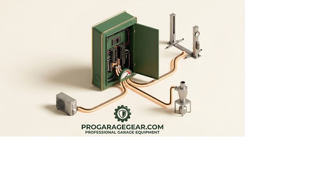3D editorial illustration showing three high-draw 240-volt garage systems — a mini-split heater, a car lift, and a dust collector — all drawing from the same electrical panel with a warning indicator