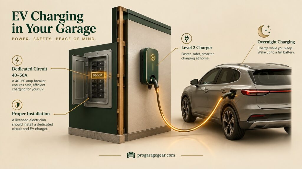 3D editorial illustration of a garage wall showing an EV charging station connected to an electrical panel, with a visual indicator of circuit capacity