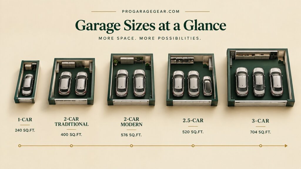 3D editorial illustration comparing five garage footprint sizes side by side, from a 1-car garage to a 3-car garage, shown at relative scale