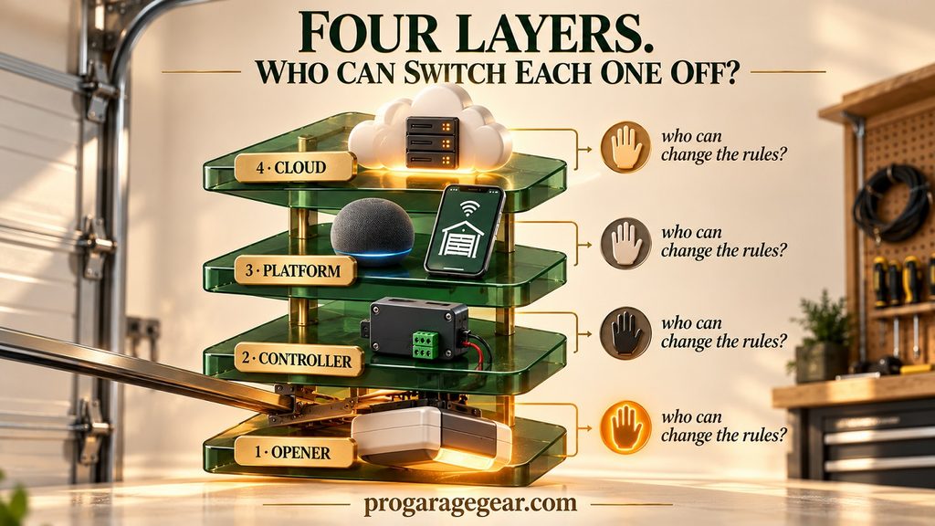 smart garage ecosystem 3D editorial illustration of a four-layer stack showing a garage door opener, a controller, a smart home platform, and a cloud, each marked with who can change the rules