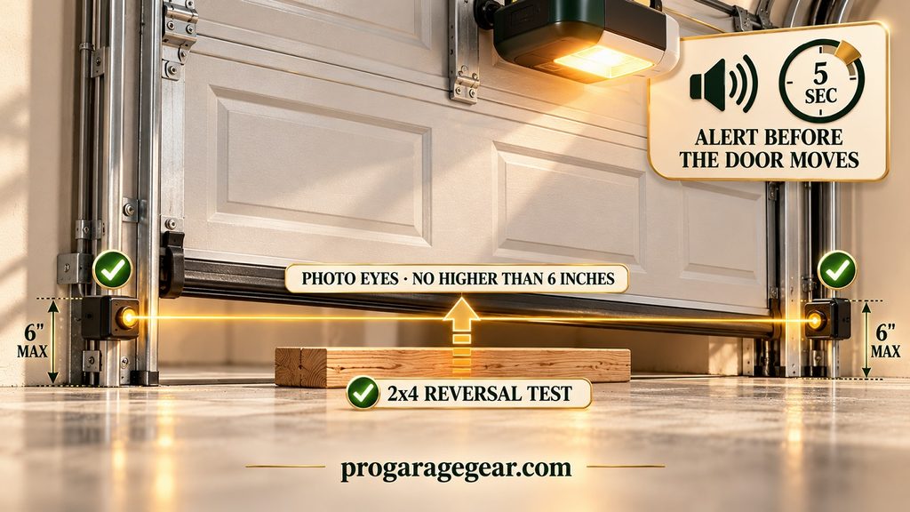3D editorial illustration of a garage door closing with photo-eye sensors near the floor, a 2x4 board under the door, and a five-second beep and flash warning before it moves
