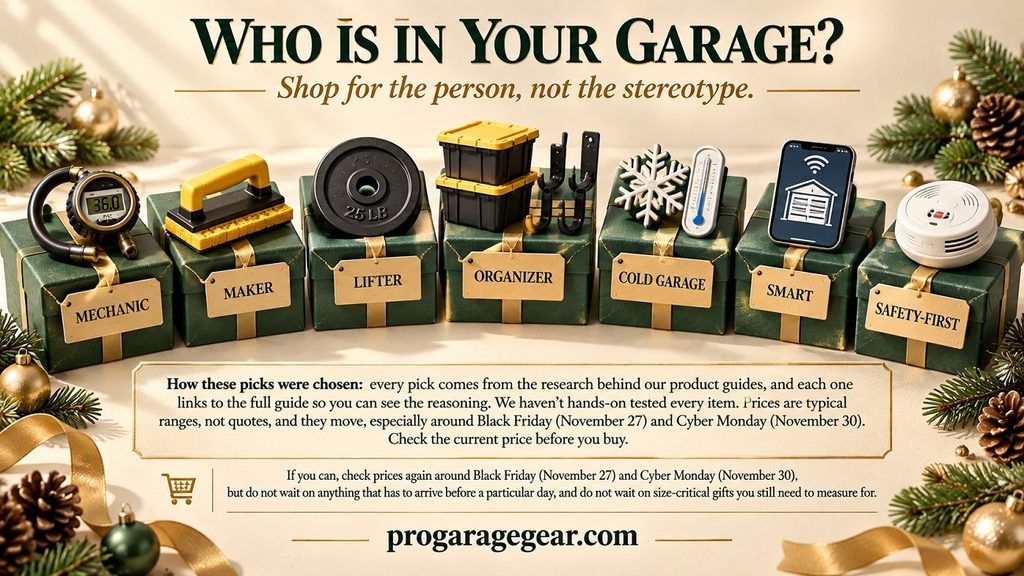 garage gift ideas 3D editorial illustration of seven gift boxes, each marked with an icon for a different type of garage user: mechanic, woodworker, home gym lifter, organizer, cold-garage DIYer, smart-garage upgrader, and safety-first