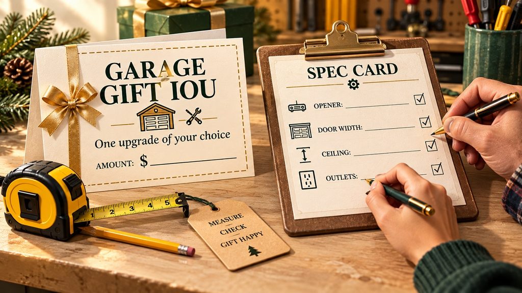 3D editorial illustration of a gift IOU card with a gold ribbon beside a clipboard spec card listing opener model, door width, ceiling height, and outlets, with a tape measure and pencil