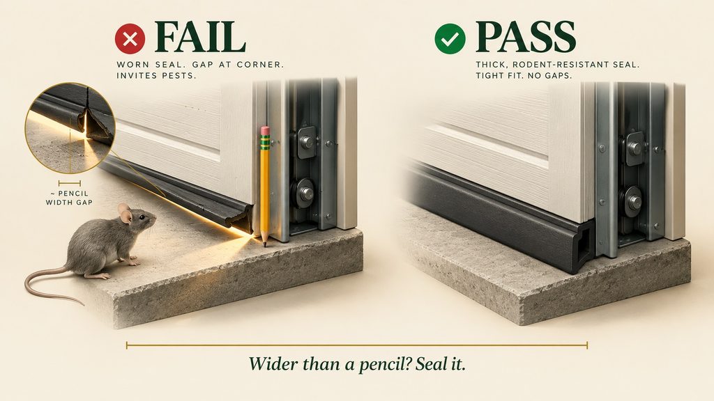 garage pest control 3D editorial illustration of a garage door bottom seal showing a pencil-width gap that a mouse can pass through beside a tight seal with no gap