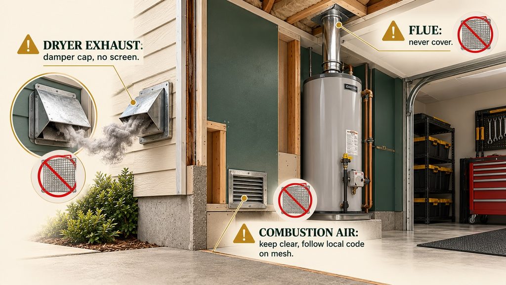3D editorial illustration of a garage wall showing a dryer exhaust vent, a combustion air opening, and a water heater flue, each marked as an opening that should not be covered with mesh