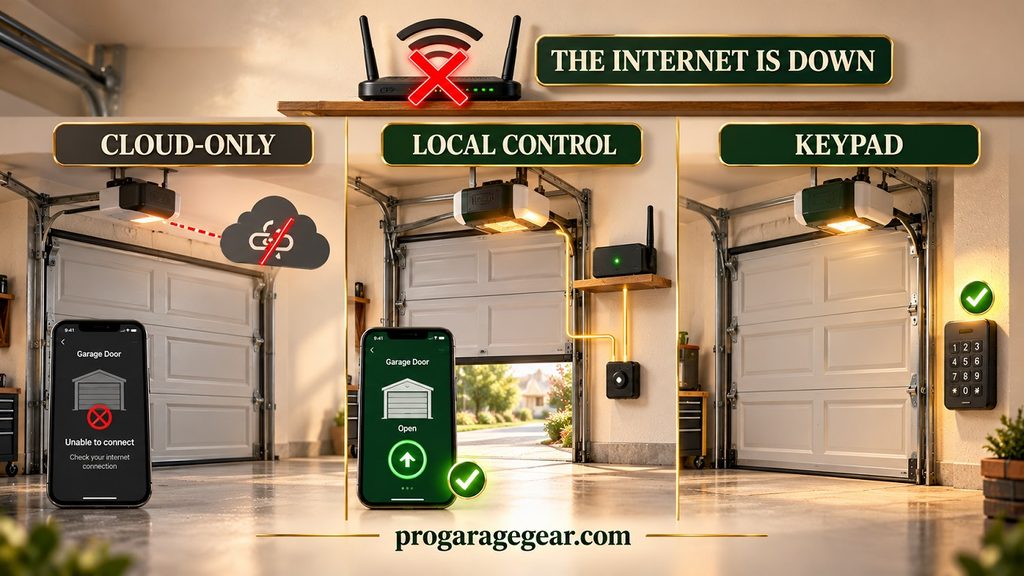 3D editorial illustration comparing three garage door setups when the internet goes down: a cloud-only controller that stops, a local controller that keeps working at home, and a keypad that is unaffected
