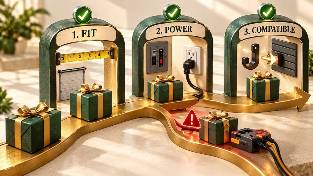 3D editorial illustration of a wrapped gift passing through three gates labeled Fit, Power, and Compatibility, shown with a tape measure, a plug and outlet, and two interlocking pieces
