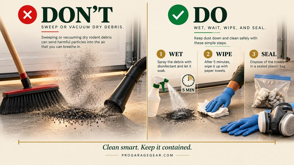 3D editorial illustration comparing dry sweeping that raises a dust cloud against the safe method of spraying disinfectant, letting it soak, and wiping up with paper towels